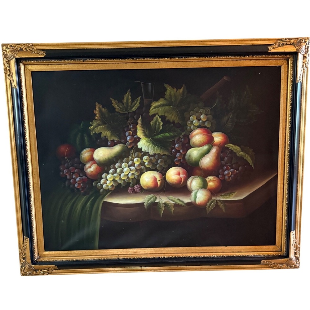 Large Framed Oil Painting Still Life Fruit Grapes Pears Peaches Black Gold Gilt